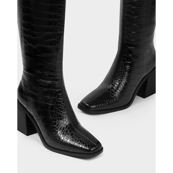 Women Crocodile Black Polyurethane Knee High Square Toe Block Heel Tall Boots - Picture 5 of 9